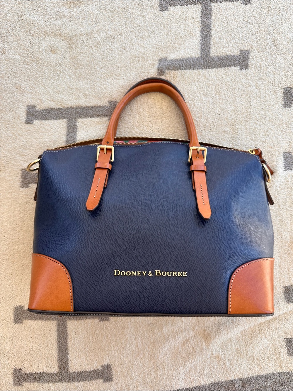 Dooney & Bourke Navy and Tan Pebble Leather Briefcase Satchel